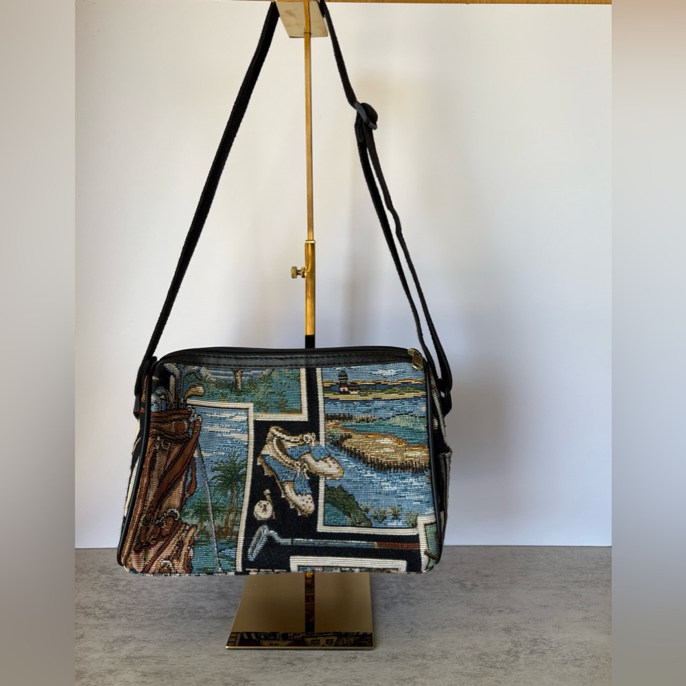 Golfer’s Gallery Vintage Tapestry Handbag Purse-Cloth Straps-Zippered Closure - Picture 2 of 9